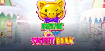 Portada del juego Break the Sweet Bank: alcancía dorada con un lazo en un pueblo invernal de caramelos