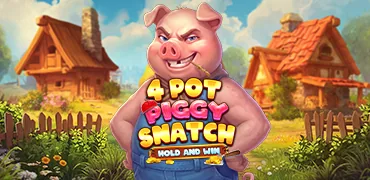 Portada del juego 4 Pot Piggy Snatch: cerdo granjero animado con overol frente a casas de campo