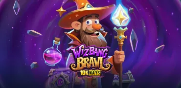 Portada del juego Wizbang Brawl 10K Ways: mago animado con bastón y matraz sobre un fondo espacial violeta