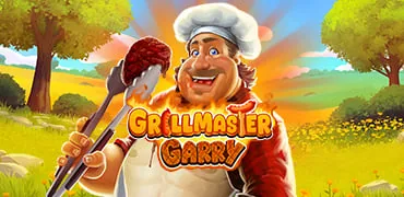 Portada del juego Grillmaster Garry: cocinero con pinzas y un bistec en una pradera de verano
