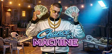 Portada del juego Chance Machine 90s: hombre con buzo blanco y cadenas doradas en un callejón con luces de neón