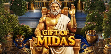 Portada del juego Gift of Midas: rey Midas dorado en su trono entre ánforas de oro