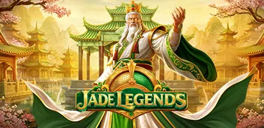 Portada del juego Jade Legends: anciano sabio con túnica verde ante pagodas chinas y cerezos en flor